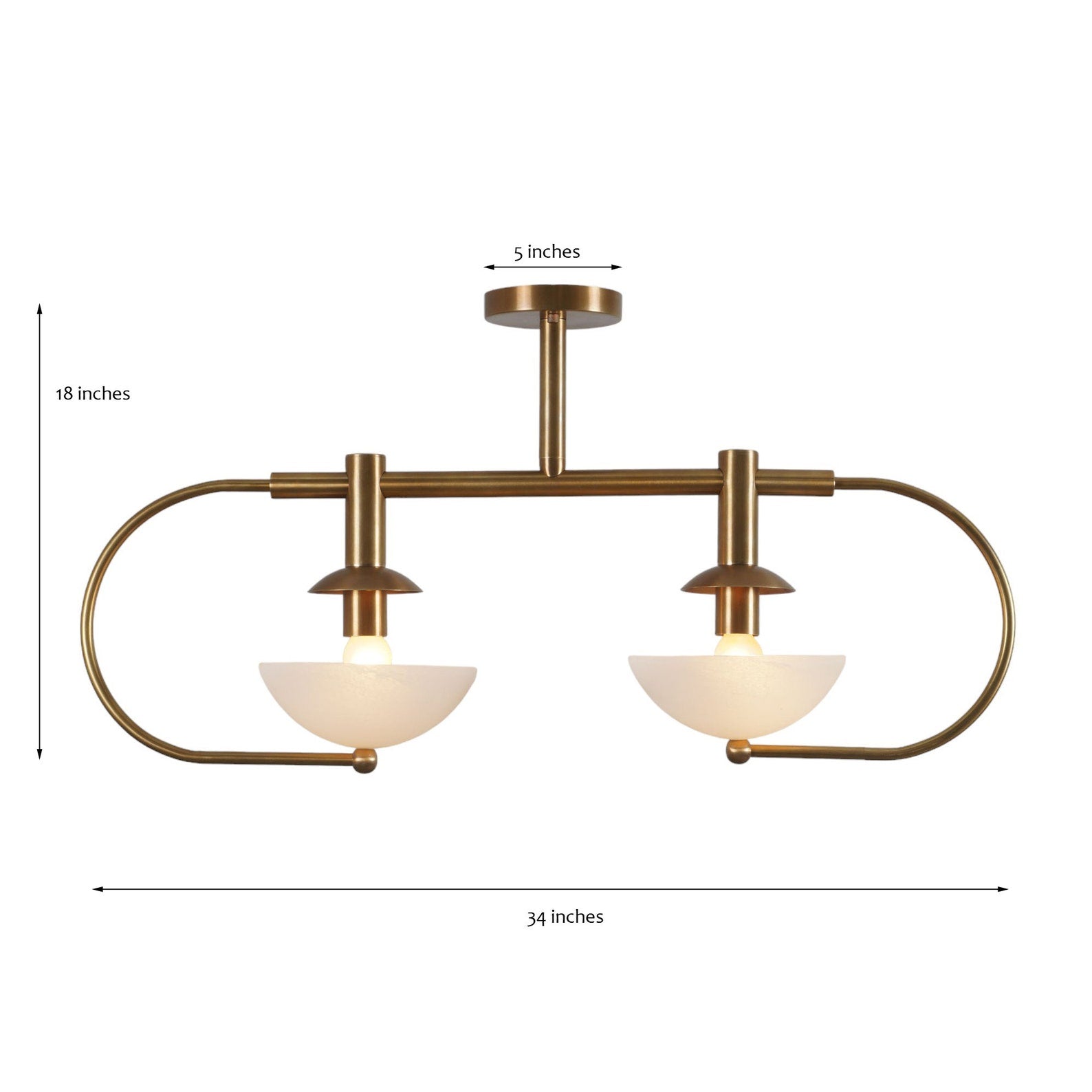 Size guide for 2-Light Brass Chandelier with Frosted White Bowl Shades | Modern Semi-Flush Ceiling Light | Handmade by BRASS LEAF STUDIO 62600