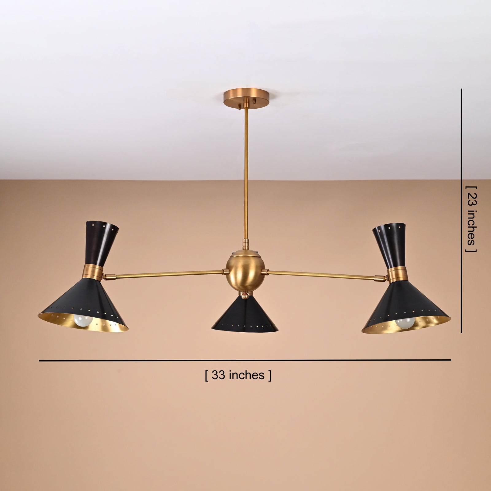 Size guide for 6 Lights Modern Brass Cone Shade Chandelier – Black & Brass Mid-Century Pendant by Brass Leaf Studio 32445