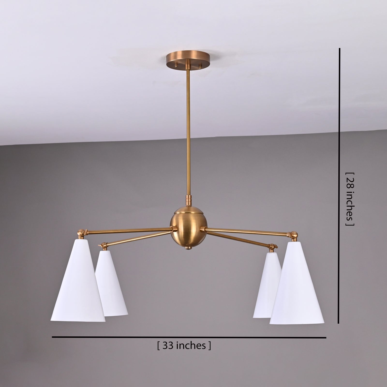 Size guide for Mid-Century 4-Light Brass Chandelier with White Cone Shades – Modern Adjustable Pendant by Brass Leaf Studio 32478