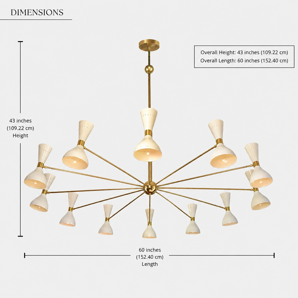 Size guide for Orion Multi-Arm Cone Chandelier – 12 Light – 60 Inch – Model 62004