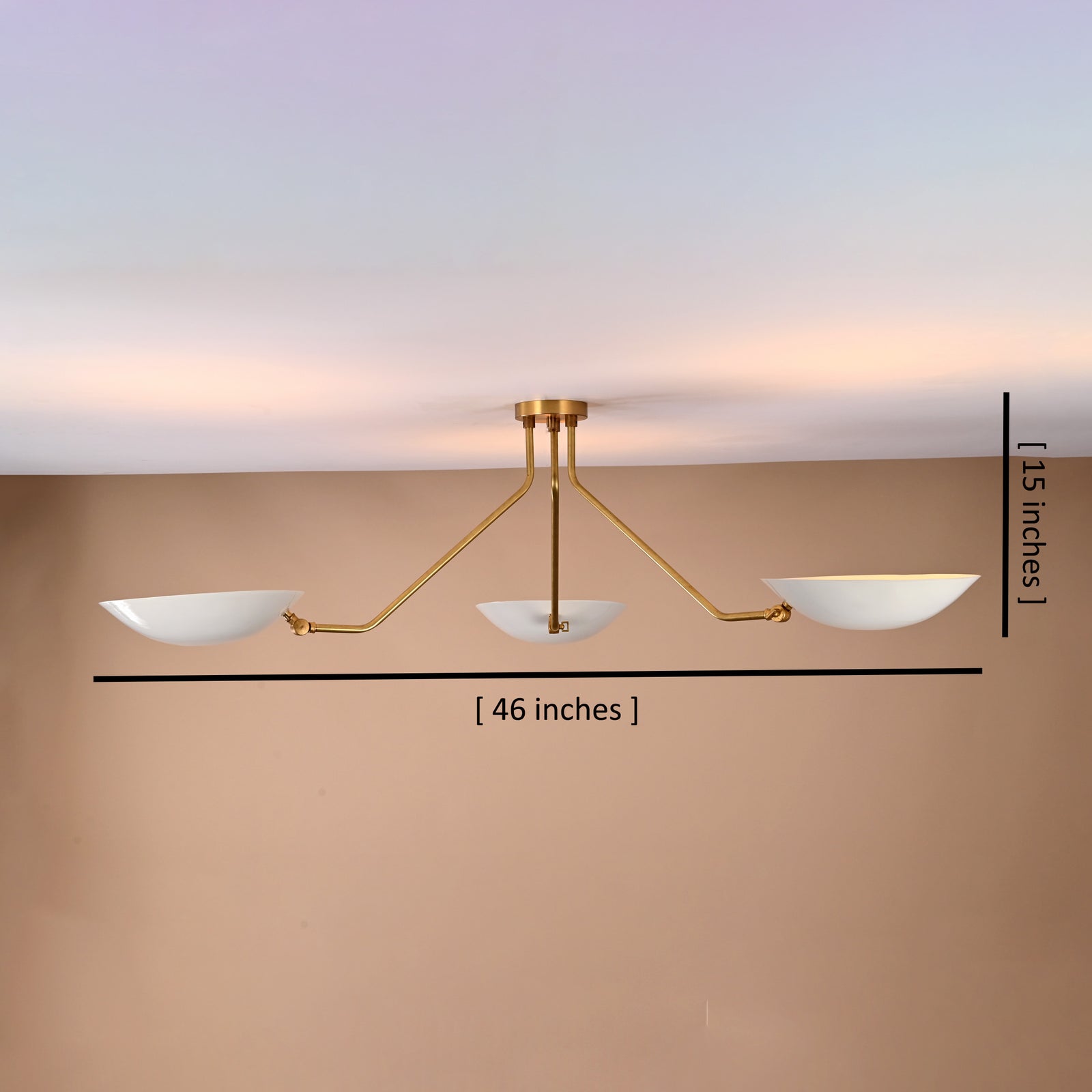 Size guide for Three-Light Brass Ceiling Light with White Bowl Shades – Modern Minimal Flushmount Chandelier by Brass Leaf Studio 32423