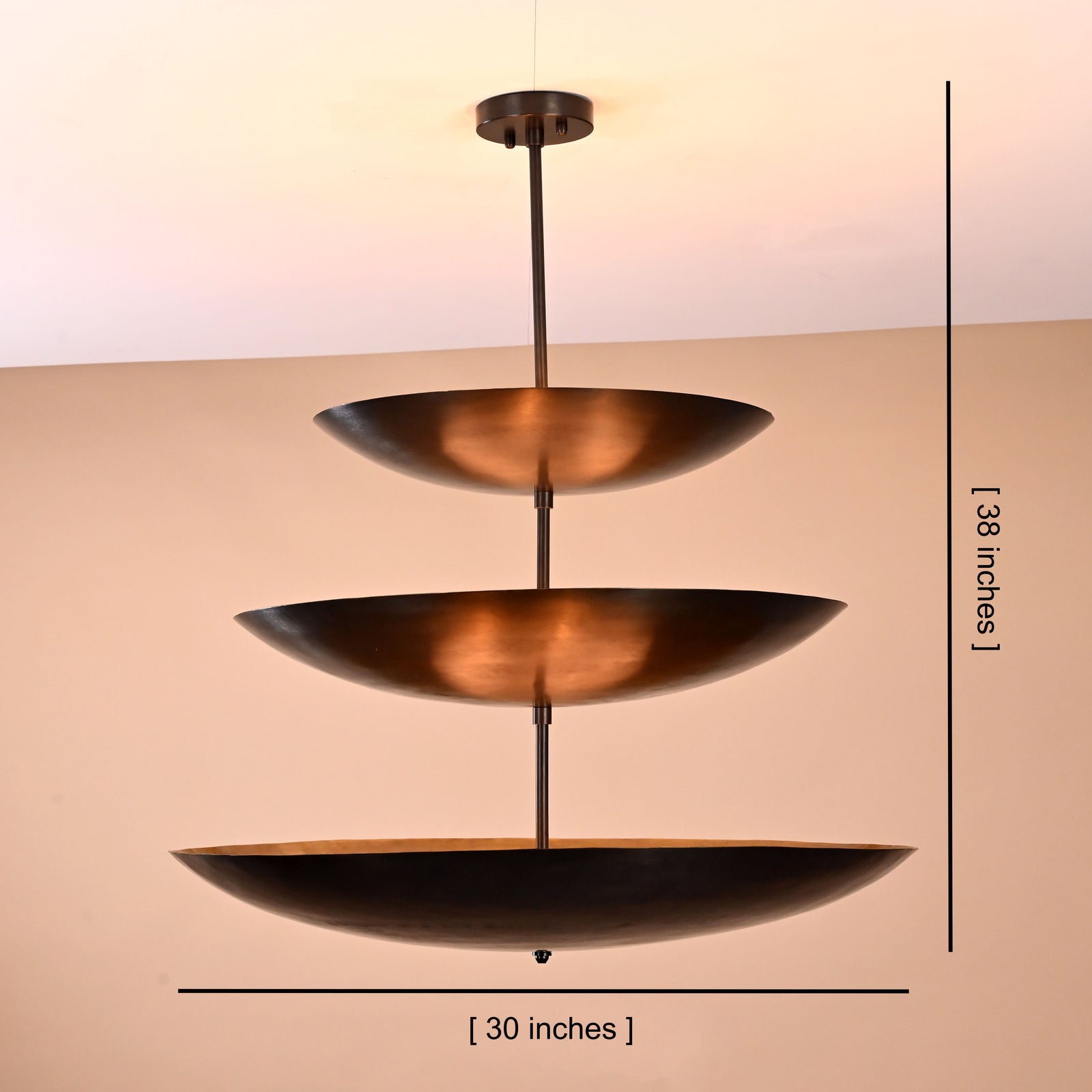 Size guide for Triple Bowl Chandelier in Blackened Brass – 3-Tier Modern Ceiling Light by Brass Leaf Studio 32422