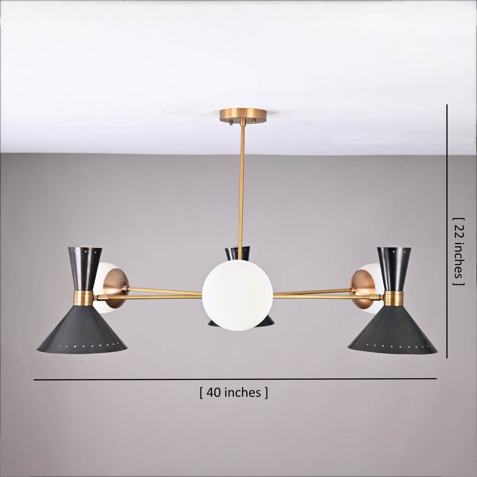 Size guide for Modern 9-Light Brass Cone & Globe Chandelier – Handmade Mid-Century Flushmount Ceiling Light by Brass Leaf Studio 32454
