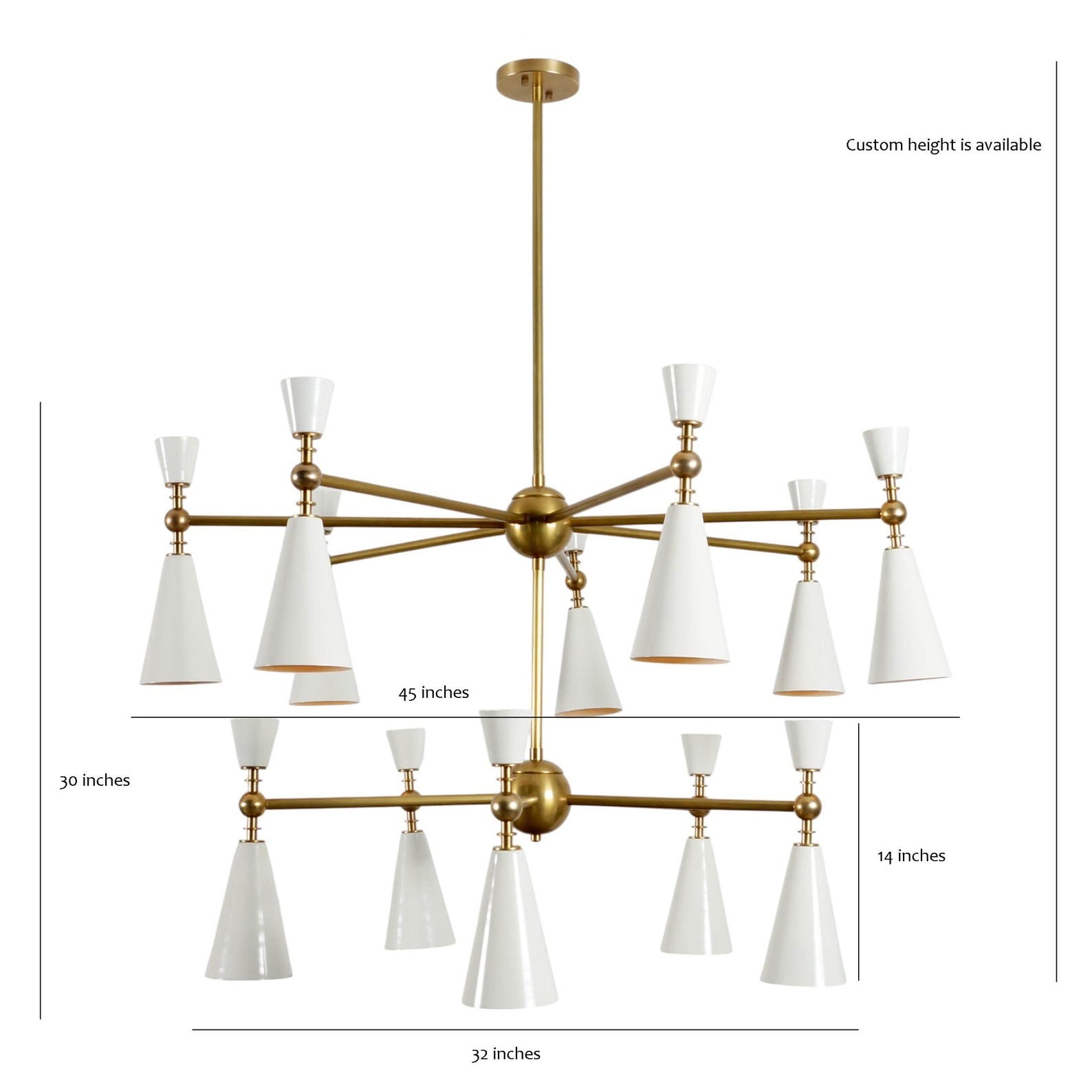 Size guide for Modern Brass Cone Shade Chandelier – Customizable Dual-Tier Lighting Fixture by Brass Leaf Studio 62552