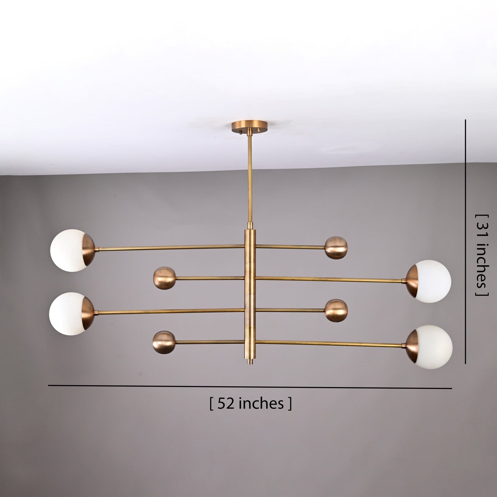 Size guide for Brass Chandelier with Glass Globes – 4-Light Modern Linear Ceiling Light in Solid Brass 32462