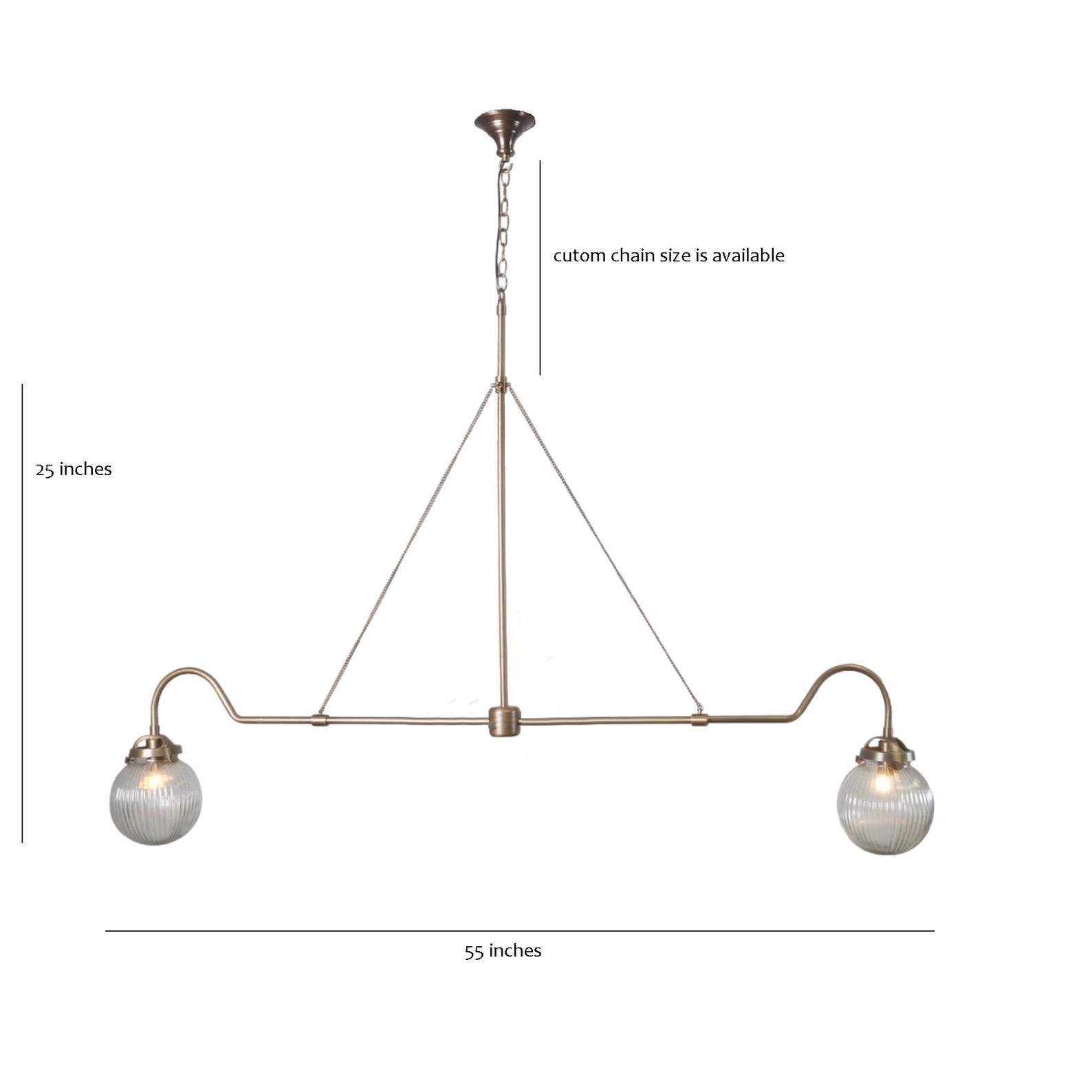 Size guide for Minimalist 2-Light Brass Linear Chandelier with Ribbed Glass Globes – Handmade Modern Pendant 62611