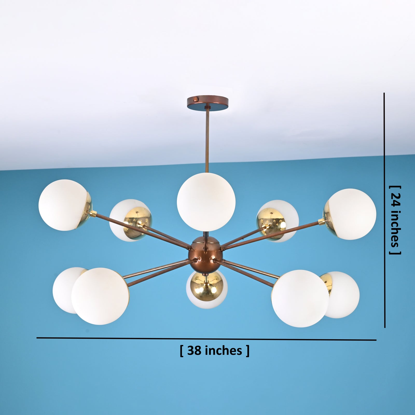 Size guide for Handmade 10-Light Brass Sputnik Chandelier with Opal Glass Globes – Modern Mid-Century Ceiling Light by Brass Leaf Studio 33106