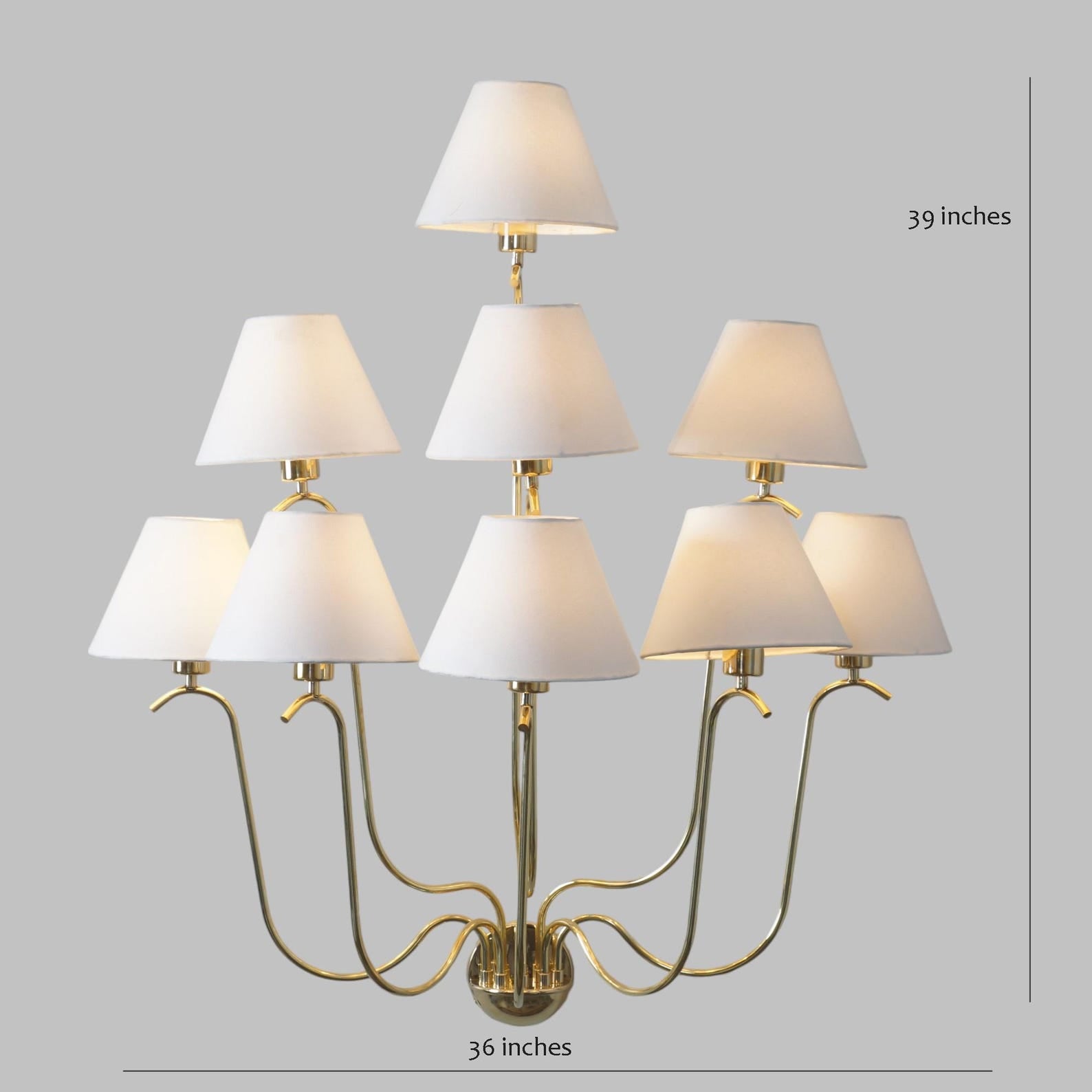 Size guide for Classic Brass Multi-Arm Chandelier with White Fabric Shades – 9-Light Elegant Ceiling Fixture by Brass Leaf Studio 62558