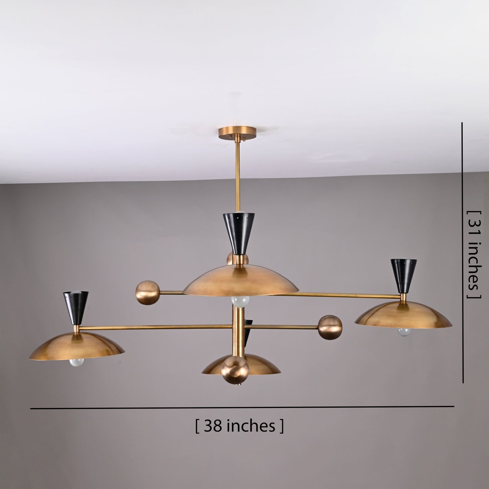 Size guide for Diabolo 8-Light Brass Chandelier – Modern Mid-Century Ceiling Light with Sculpted Brass & Black Conical Shades 32463