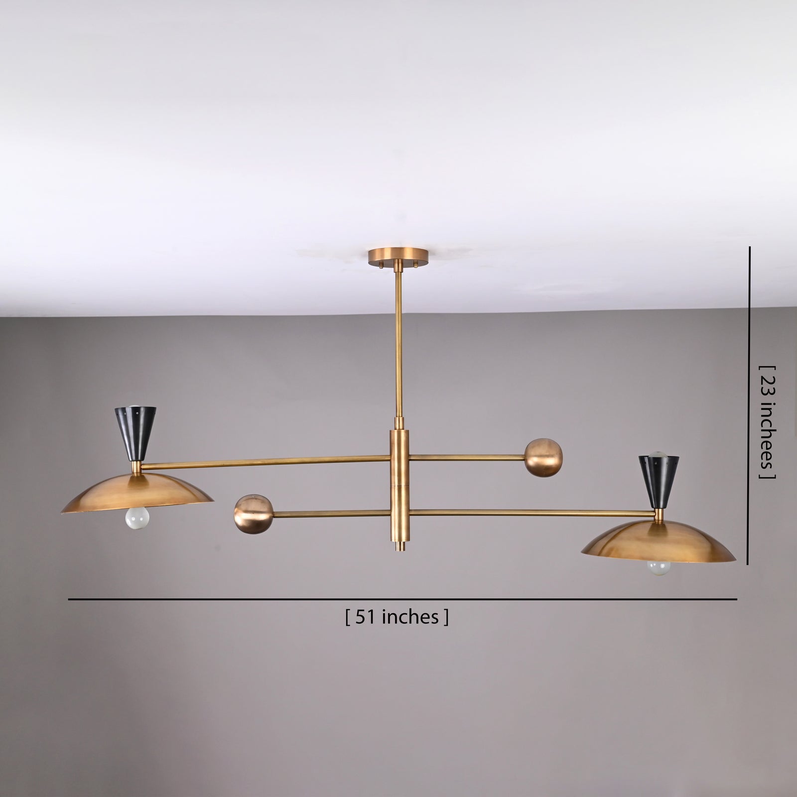 Size guide for Diabolo 4-Light Brass Chandelier – Modern Mid-Century Ceiling Light with Sculpted Brass & Black Conical Shades 32464