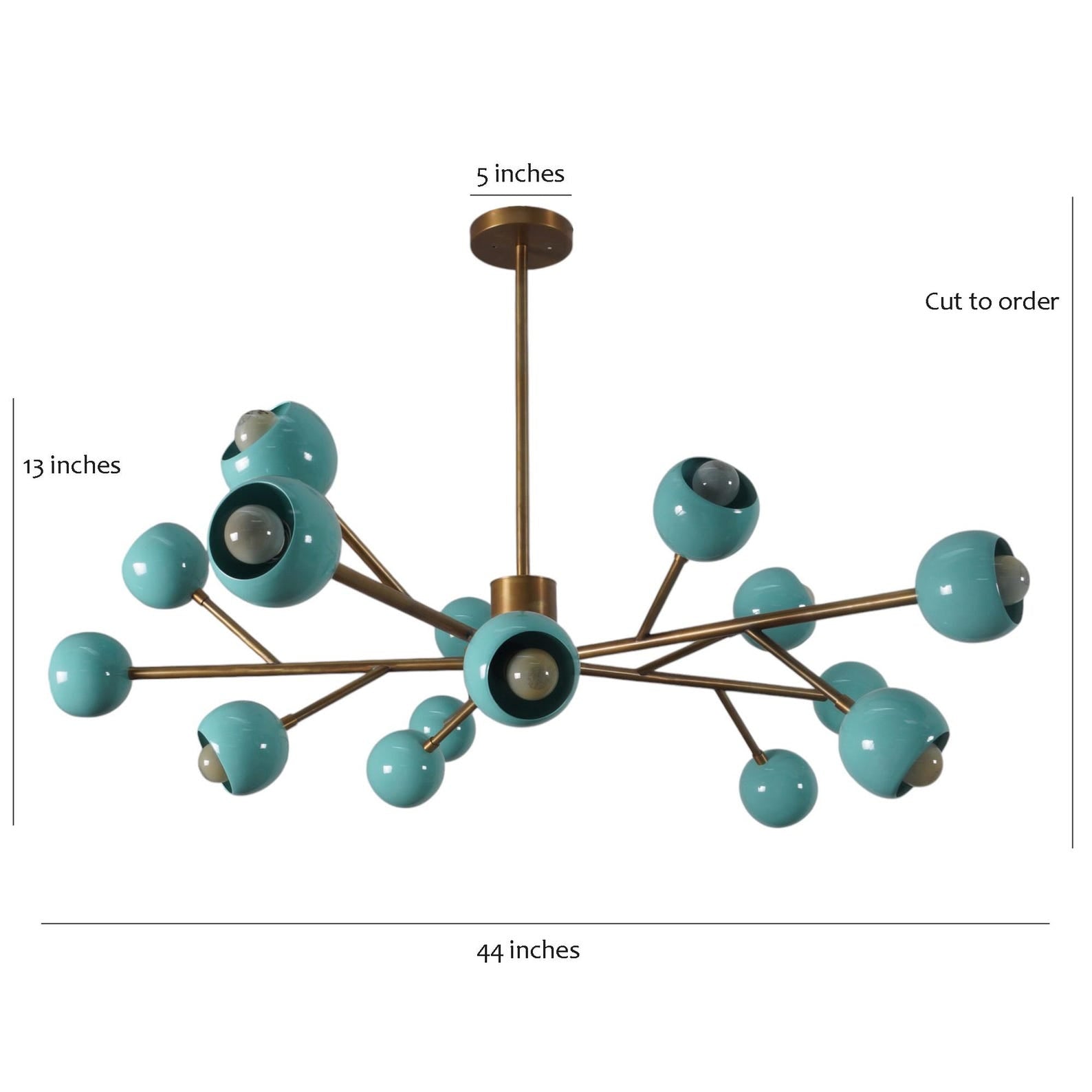 Size guide for Mid-Century Brass Chandelier with Aqua Blue Globes – 15-Light Modern Sputnik Ceiling Light by Brass Leaf Studio 62560