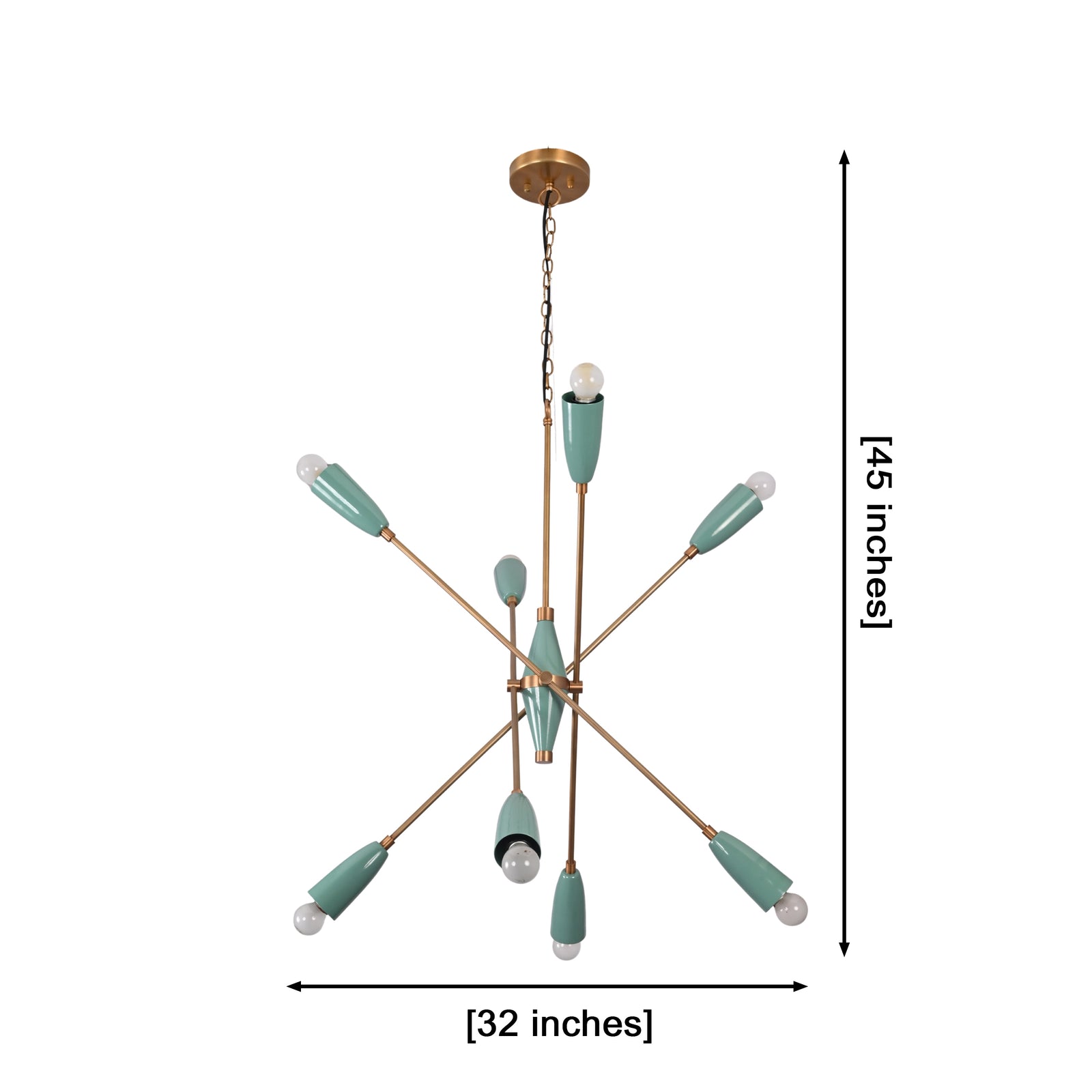 Size guide for Celeste 8-Light Sputnik Chandelier – Mint Green Brass Starburst Ceiling Light - Model 33302