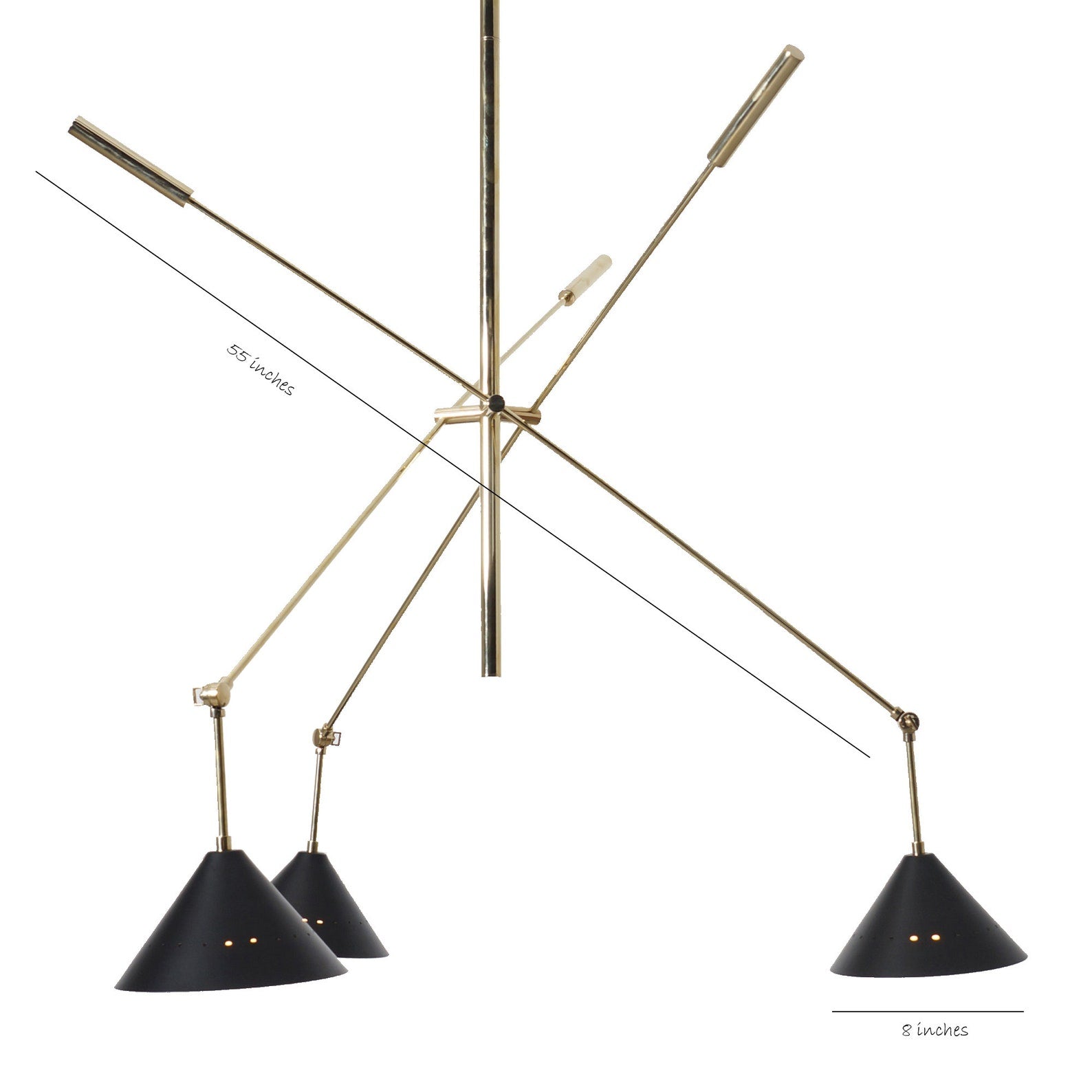 Size guide for Modern Brass 3-Arm Adjustable Chandelier – 55” Handcrafted Mid-Century Light Fixture | Dual Black Brass Shades | Custom Sizes & Finishes by Brass Leaf Studio 62605