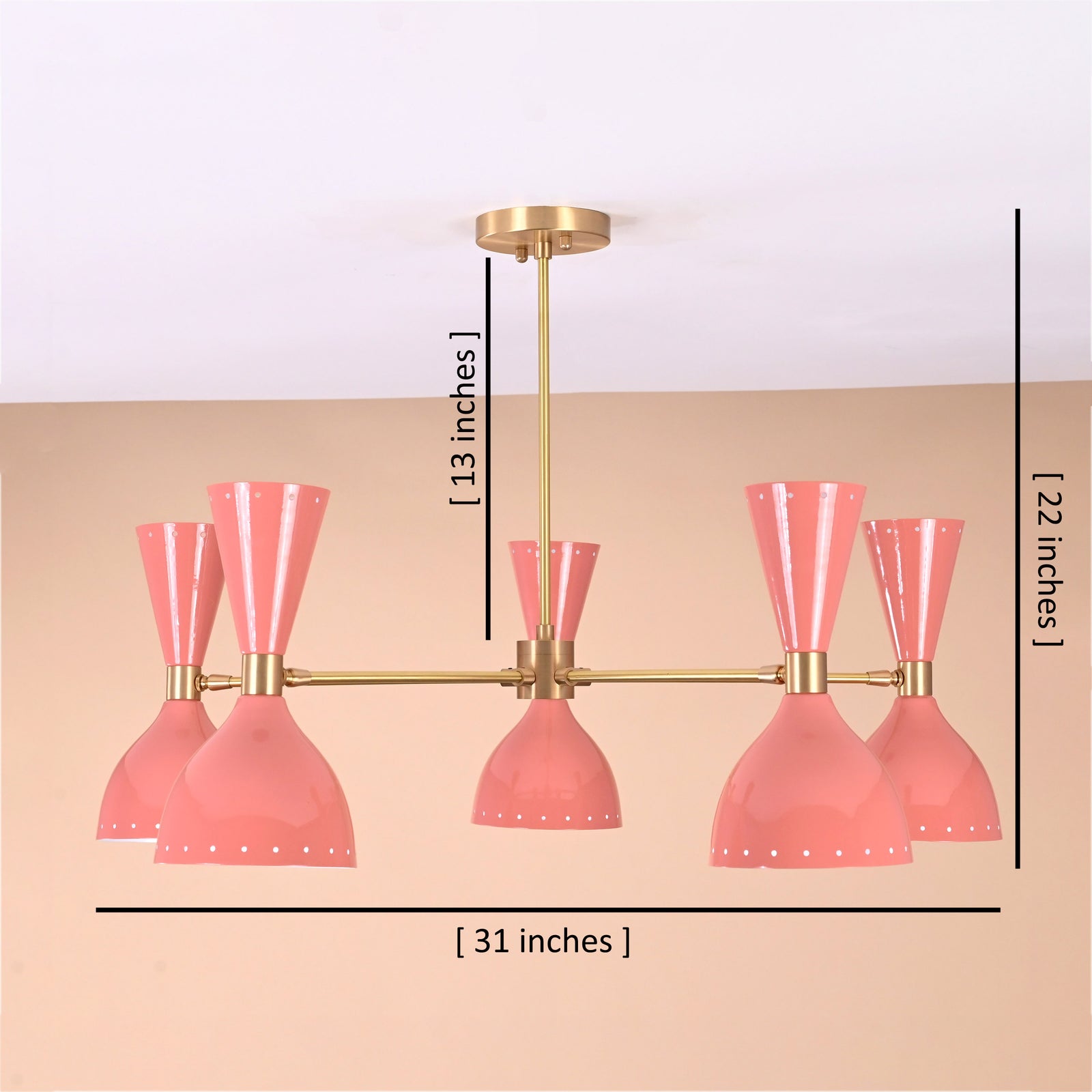 Size guide for Modern Peach Double Cone Brass Chandelier – 10-Light Mid-Century Pendant by Brass Leaf Studio 32428