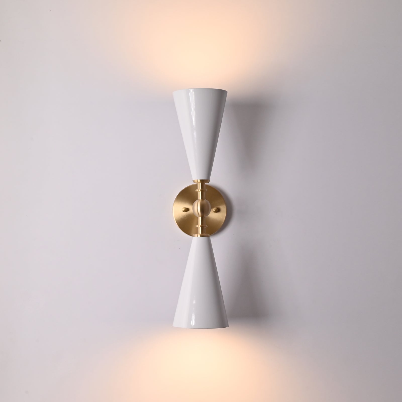 Size guide for Copenhagen Double Cone Wall Sconce – White Enamel Shades With Brushed Brass Details – Model 72208