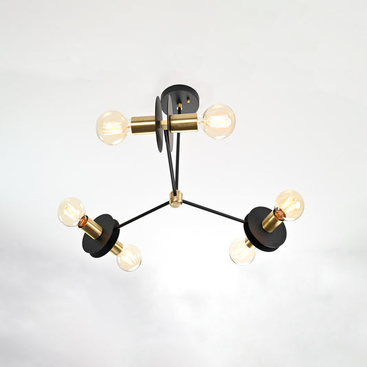 Modern 6-Light Black & Brass Chandelier – Asymmetrical Ceiling Fixture with Dual Globe Heads - 32187