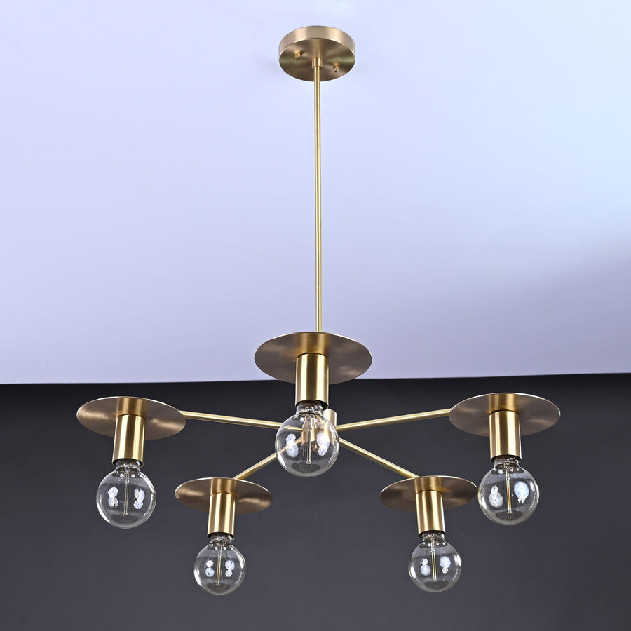Retro 6-Light Brass Sputnik Chandelier – Vintage Ceiling Fixture with Wide Disc Shades - 32188
