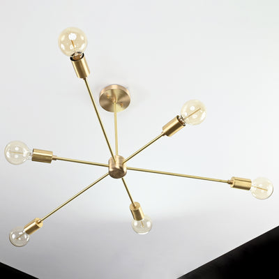 Luxury 6-Light Brass Sputnik Chandelier – Sleek Modern Ceiling Fixture with Cylindrical Shades - 32193