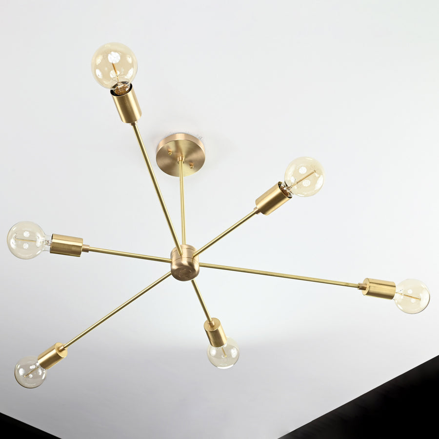 Luxury 6-Light Brass Sputnik Chandelier – Sleek Modern Ceiling Fixture with Cylindrical Shades - 32193