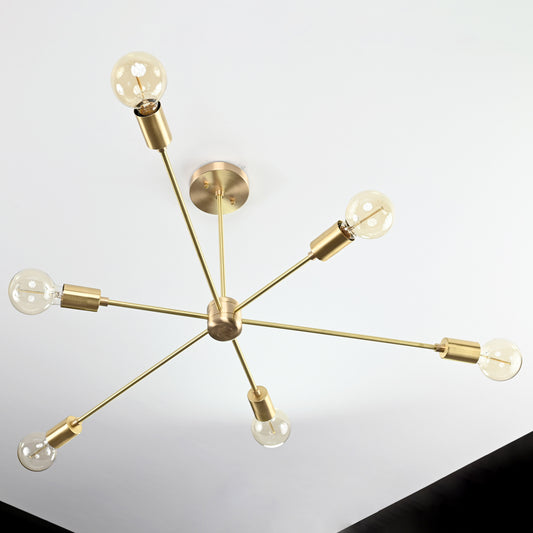 Luxury 6-Light Brass Sputnik Chandelier – Sleek Modern Ceiling Fixture with Cylindrical Shades - 32193