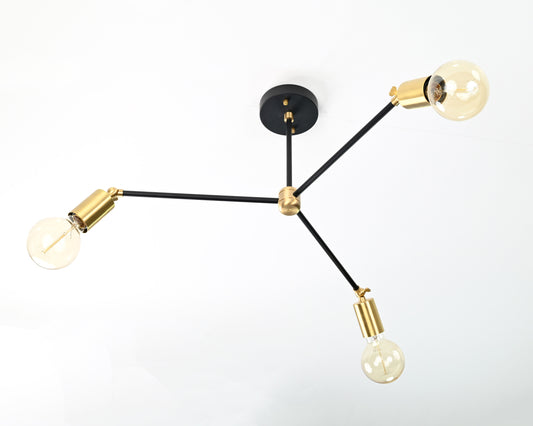 Contemporary 3-Light Black & Brass Y-Arm Chandelier – Adjustable Ceiling Fixture with Globe Bulbs - 32195