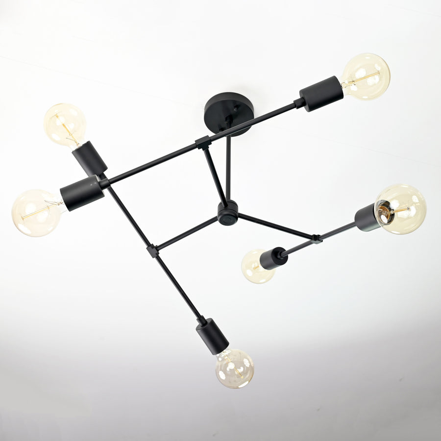 Modern 6-Light Black Chandelier – Asymmetrical Ceiling Fixture with Dual Globe Heads - 32197