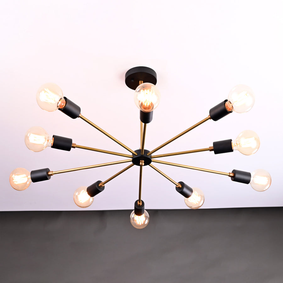 Radiant 12-Light Sputnik Chandelier – Black & Brass Mid-Century Modern Ceiling Fixture - 32198