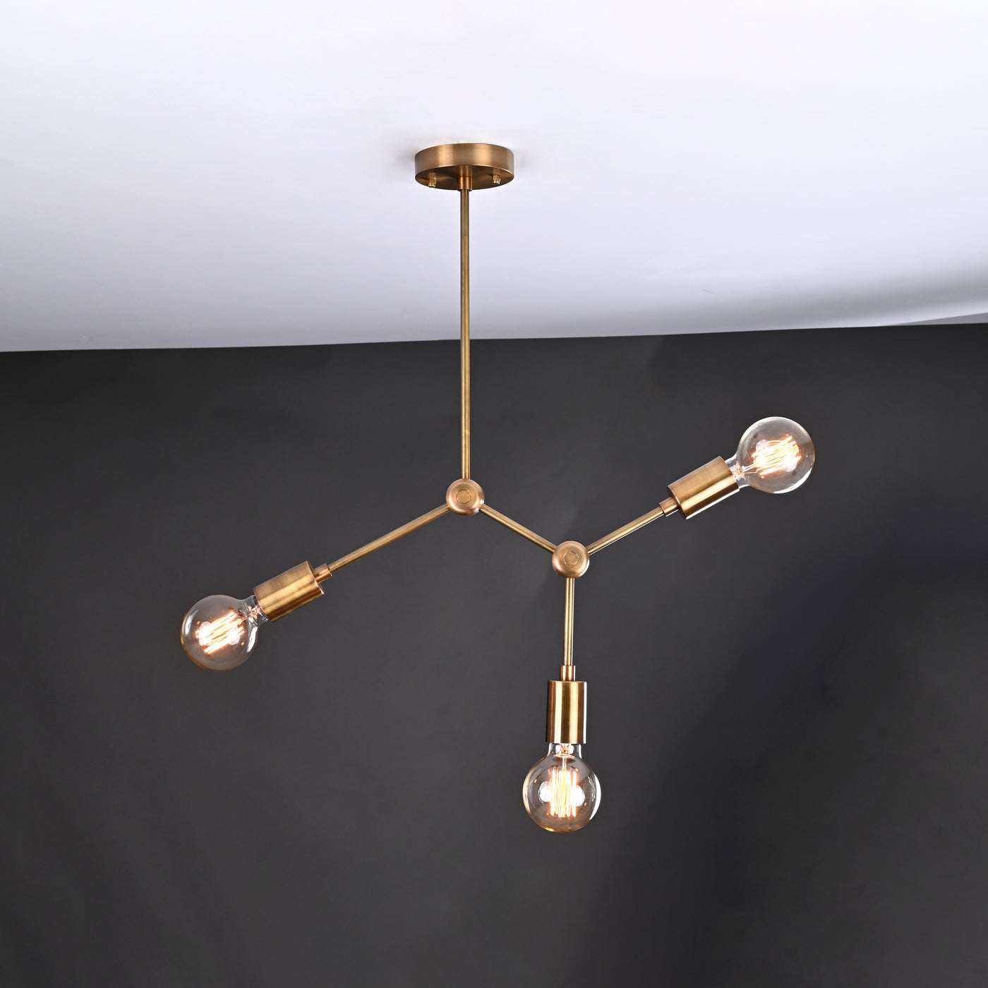 Modern 3-Light Antique Brass Chandelier – Asymmetrical Mid-Century Ceiling Fixture with Exposed Bulbs - 32202