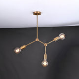 Modern 3-Light Antique Brass Chandelier – Asymmetrical Mid-Century Ceiling Fixture with Exposed Bulbs - 32202