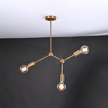Modern 3-Light Antique Brass Chandelier – Asymmetrical Mid-Century Ceiling Fixture with Exposed Bulbs - 32202