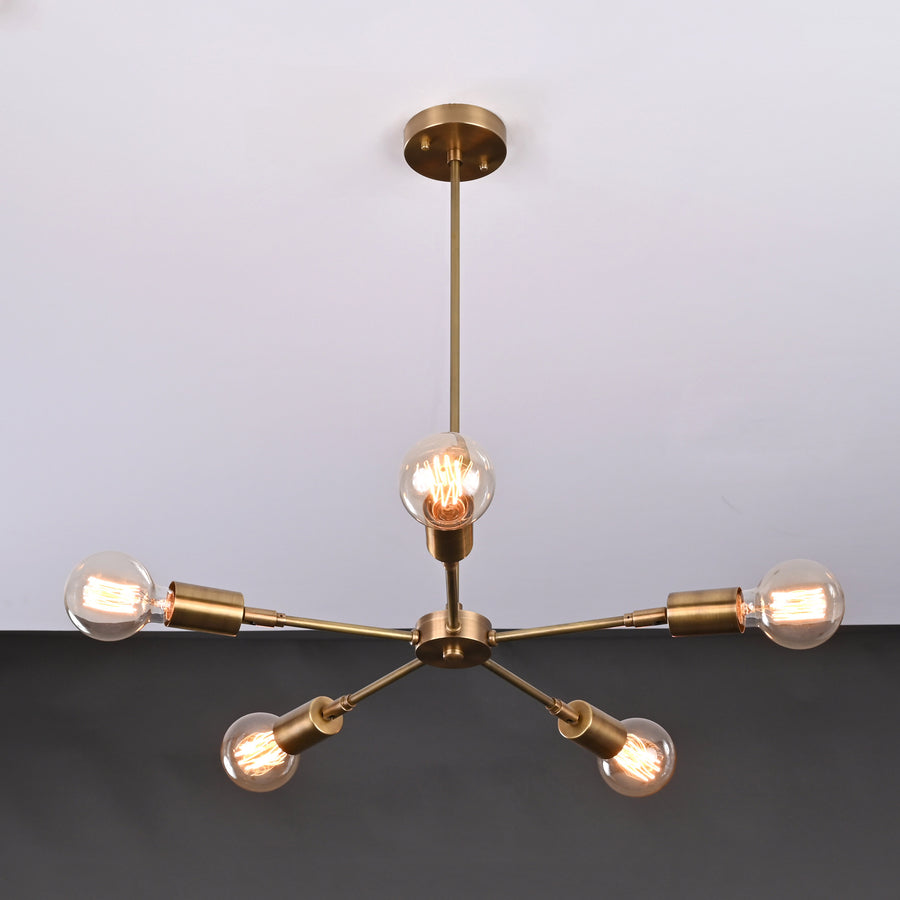 Modern 5-Light Brass Chandelier – Starburst Ceiling Fixture with Exposed Edison Bulbs - 32203