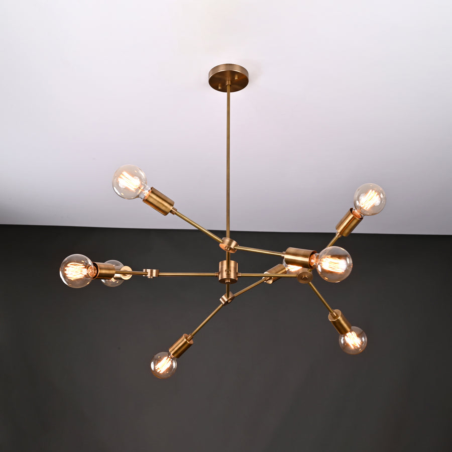 Modern 10-Light Brass Chandelier – Asymmetrical Sputnik Design with Exposed Globe Bulbs - 32211