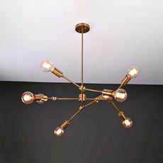 Modern 10-Light Brass Chandelier – Asymmetrical Sputnik Design with Exposed Globe Bulbs - 32211