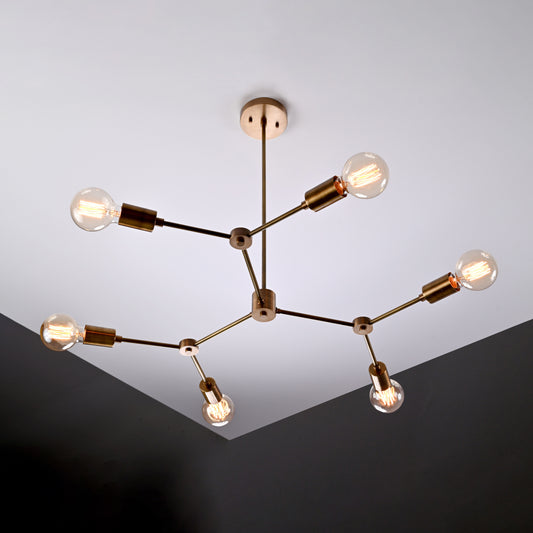 Industrial Brass Made, Brass Geometrical Ceiling Lamp, Mid Century Ceiling Light Industrial Hanging 6 Lights Fixture, Adjustable Premium Quality Sputnik Starburst