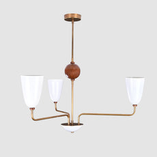 Mid-Century 4-Light Brass & Wood Chandelier – Sculptural Arm Fixture with Opal Glass Shades - 32215