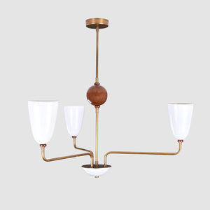Mid-Century 4-Light Brass & Wood Chandelier – Sculptural Arm Fixture with Opal Glass Shades - 32215
