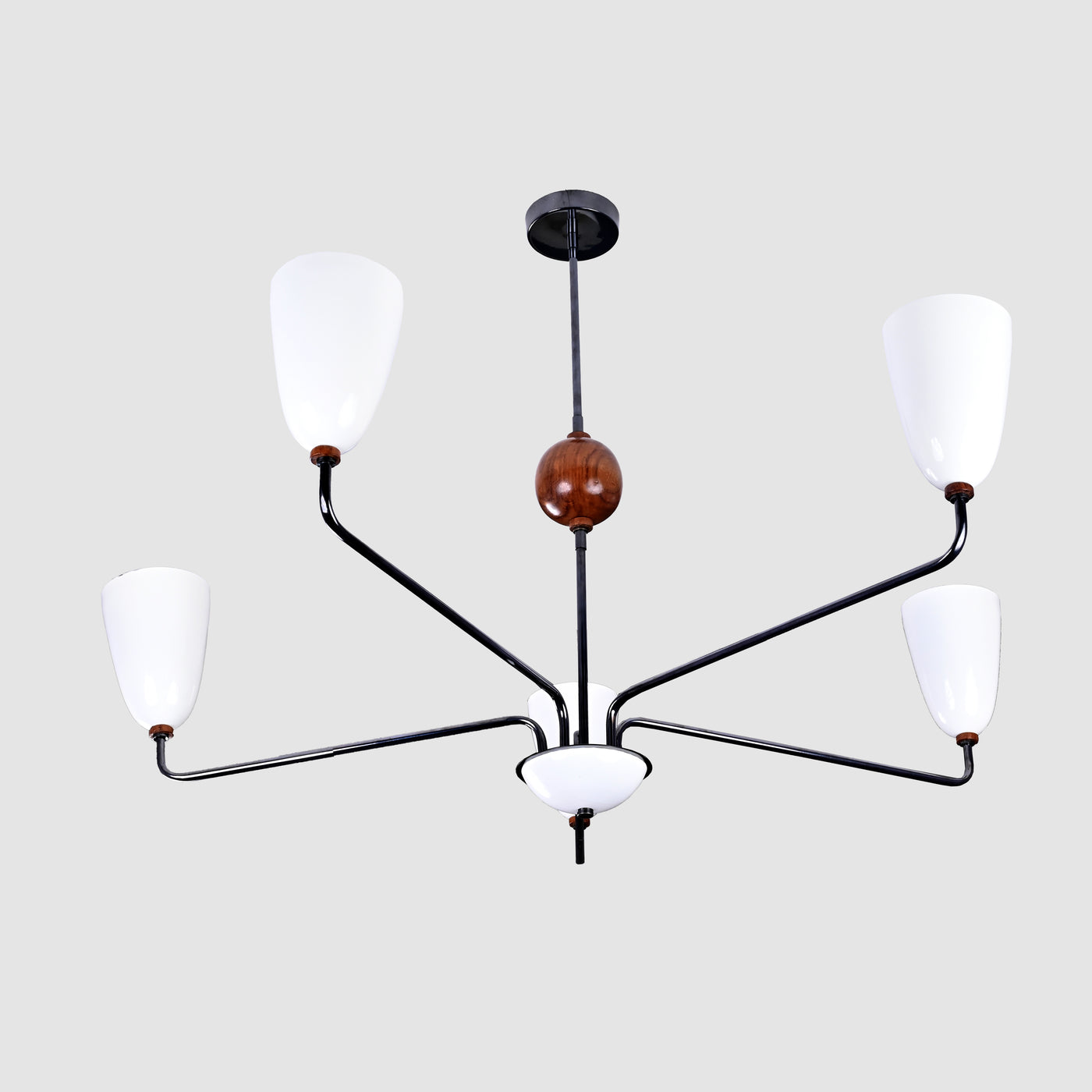 Mid-Century 6-Light Black & Wood Chandelier – Sculptural Arm Fixture with Opal Glass Shades - 32216