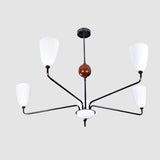Mid-Century 6-Light Black & Wood Chandelier – Sculptural Arm Fixture with Opal Glass Shades - 32216