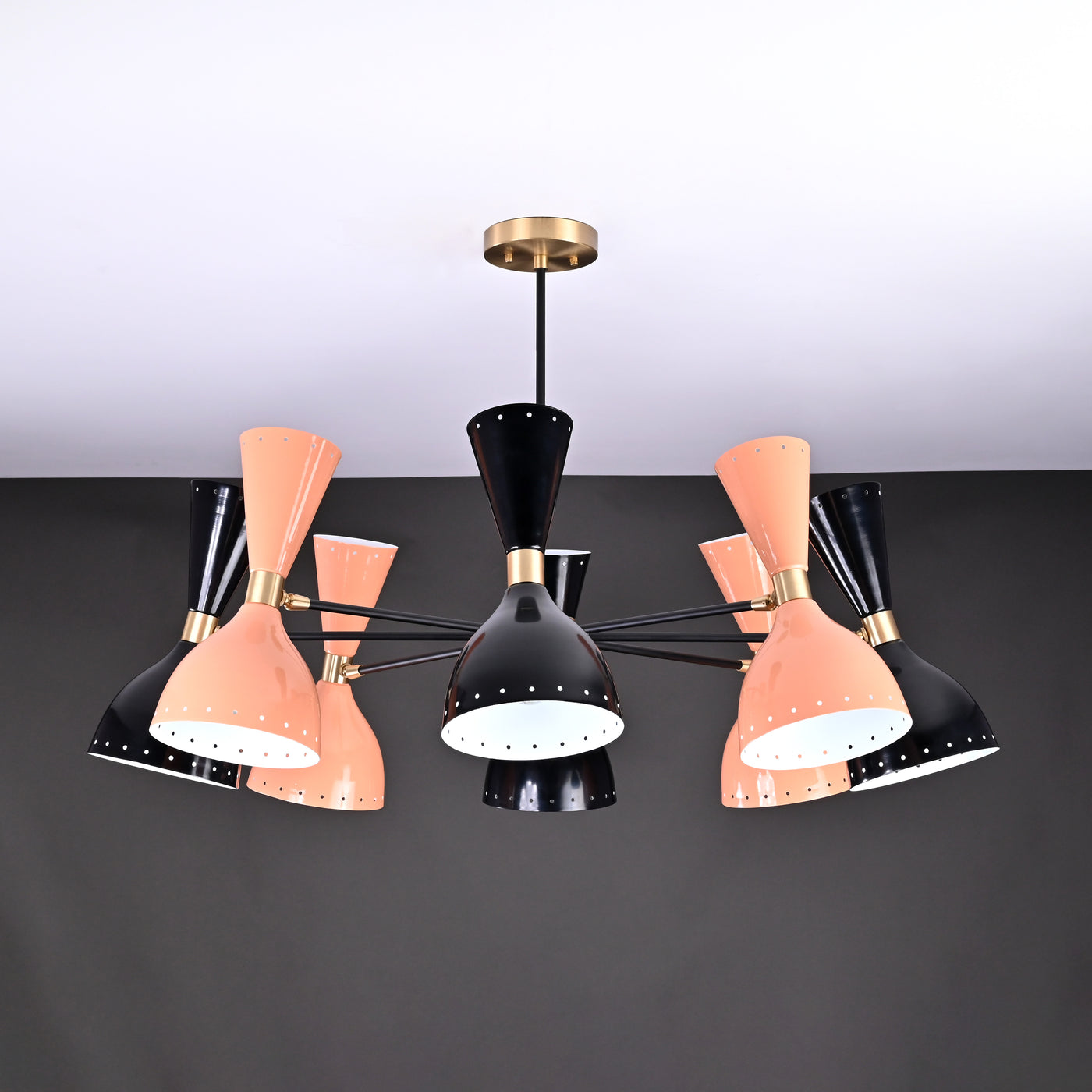 Modern 10-Light Chandelier – Mixed Coral & Black Double Cone Shades with Brass Frame - 32219