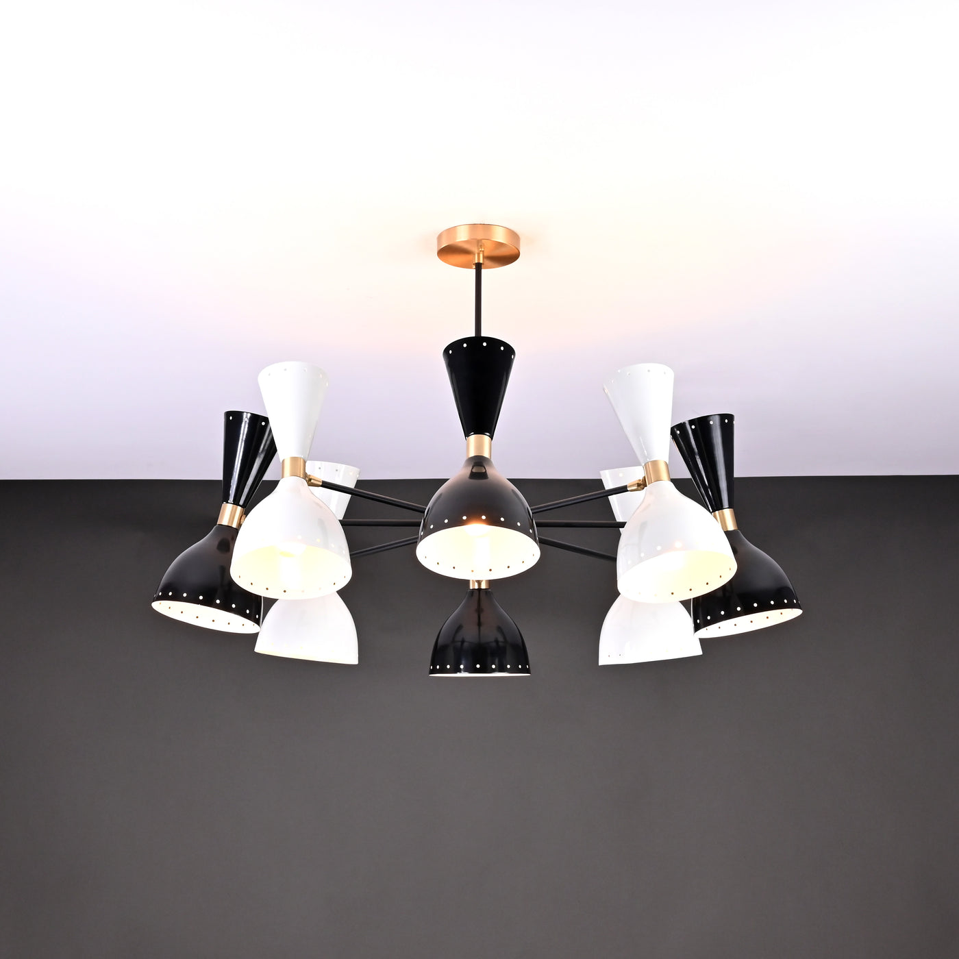 Modern 10-Light Black & White Chandelier – Dual Cone Sputnik Fixture with Brass Accents - 32221