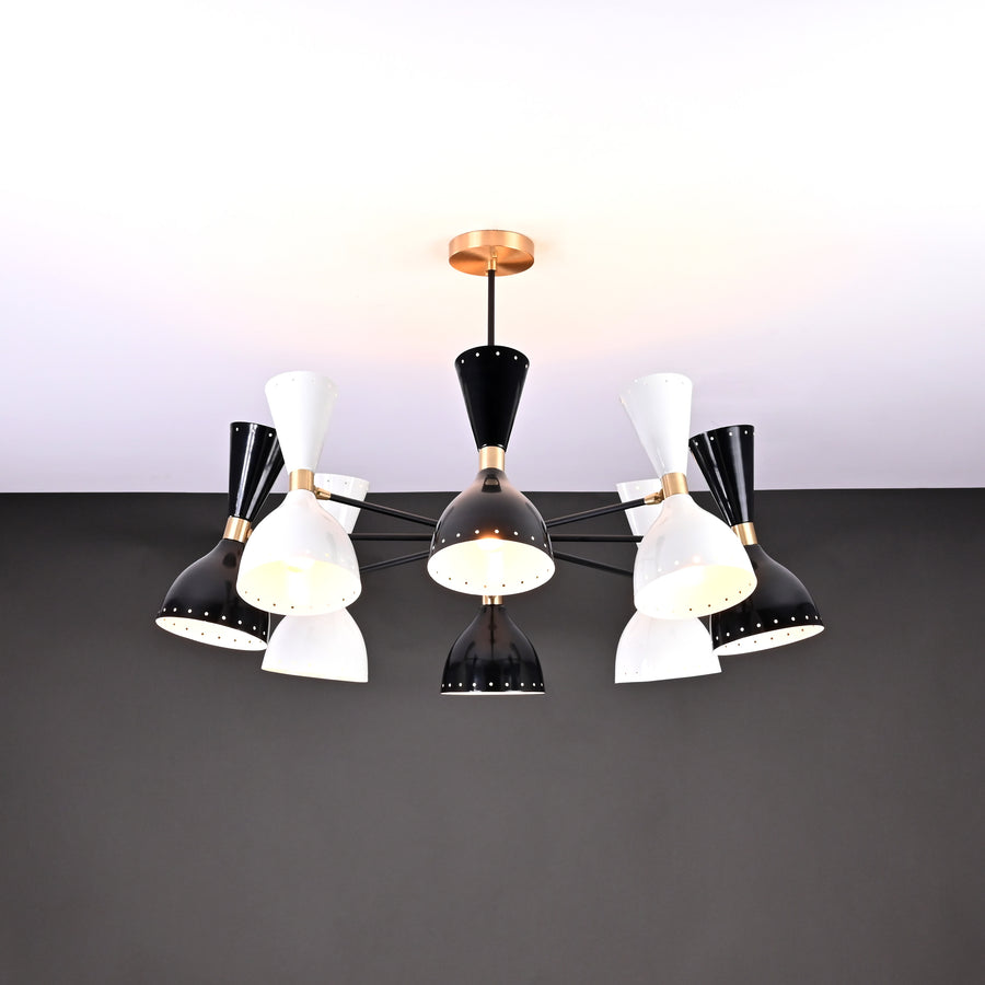 Modern 10-Light Black & White Chandelier – Dual Cone Sputnik Fixture with Brass Accents - 32221