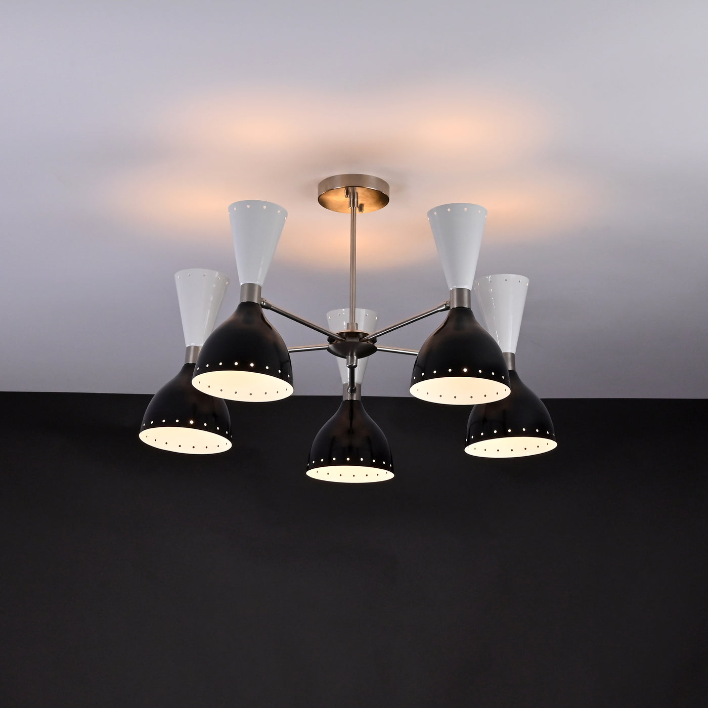 Modern 10-Light Chandelier – Black & White Dual Cone Shades with Brushed Nickel Frame - 32222