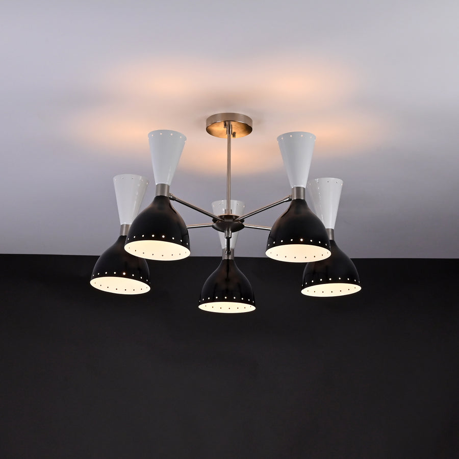 Modern 10-Light Chandelier – Black & White Dual Cone Shades with Brushed Nickel Frame - 32222