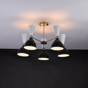 Modern 10-Light Chandelier – Black & White Dual Cone Shades with Brushed Nickel Frame - 32222