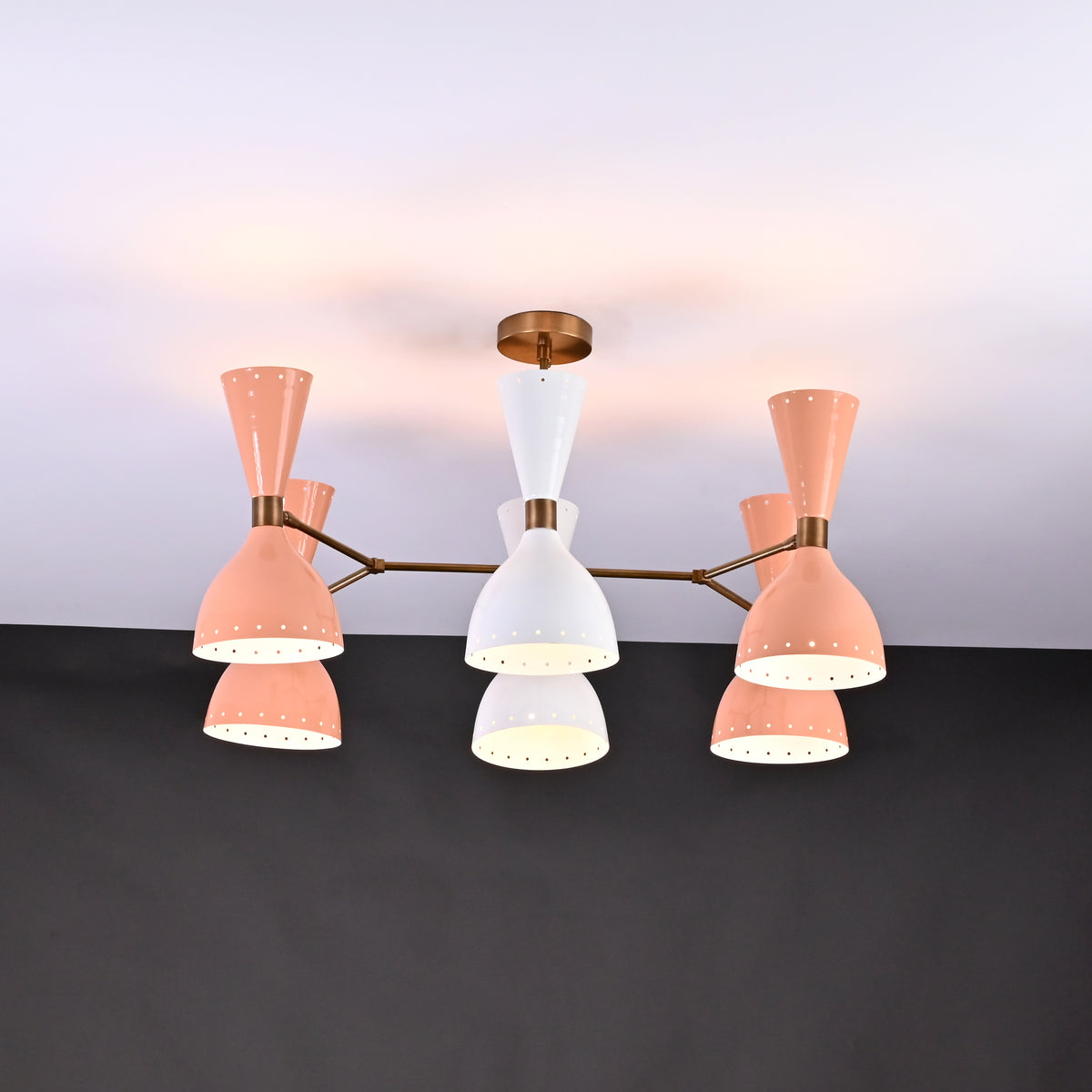 Modern 10-Light Chandelier – Color Blocked Coral, White & Brass Double Cone Ceiling Fixture - 32223