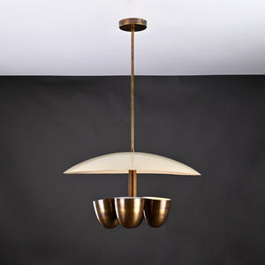 Mid-Century 5-Light Brass Chandelier – Saucer Disc Shade with Sculptural Cup Holders - 32224
