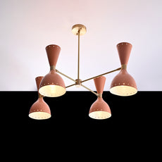 Brass Leaf Studio Industrial Brass Made, Diabolo Ceiling Chandelier Light Peach Color 8 Lights 4 Arms Elegant Pendant Stilnovo Style Mid Century