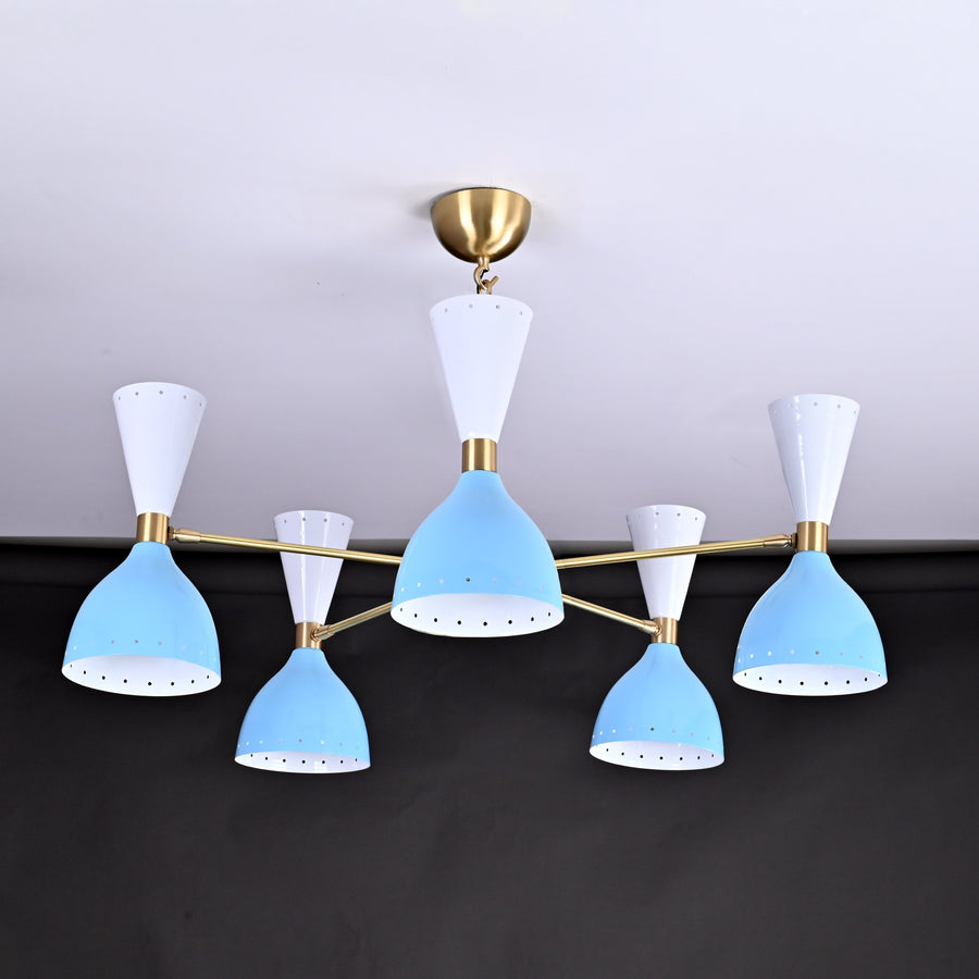 Diabolo Style Mid-Century Modern Chandelier – Customizable 5-Arm, 10-Light Ceiling Lamp Natural Brass or Copper Finish | Handcrafted Lighting Fixture - 32228