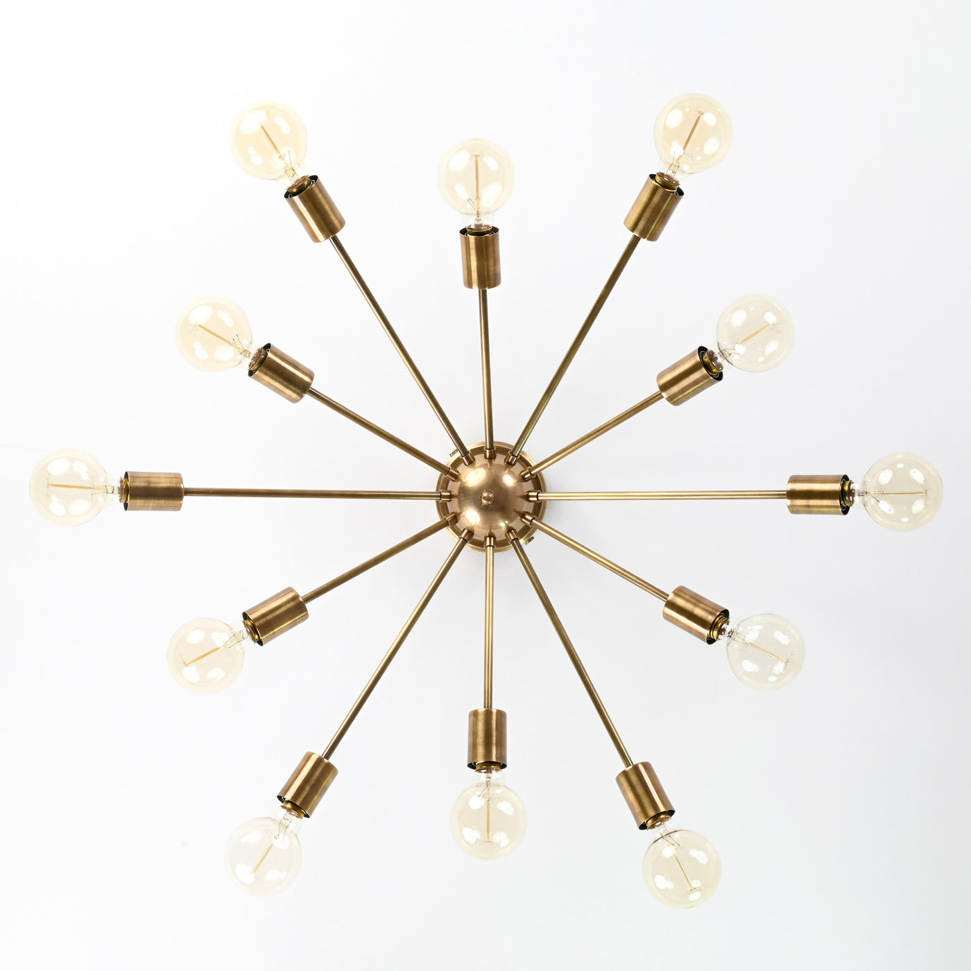 Antique Brass 12-Light Sputnik Chandelier – Industrial Mid-Century Flush Mount Starburst Ceiling Light Base - 32152