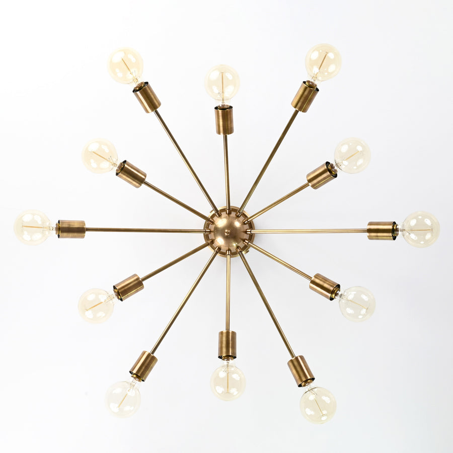 Antique Brass 12-Light Sputnik Chandelier – Industrial Mid-Century Flush Mount Starburst Ceiling Light Base - 32152